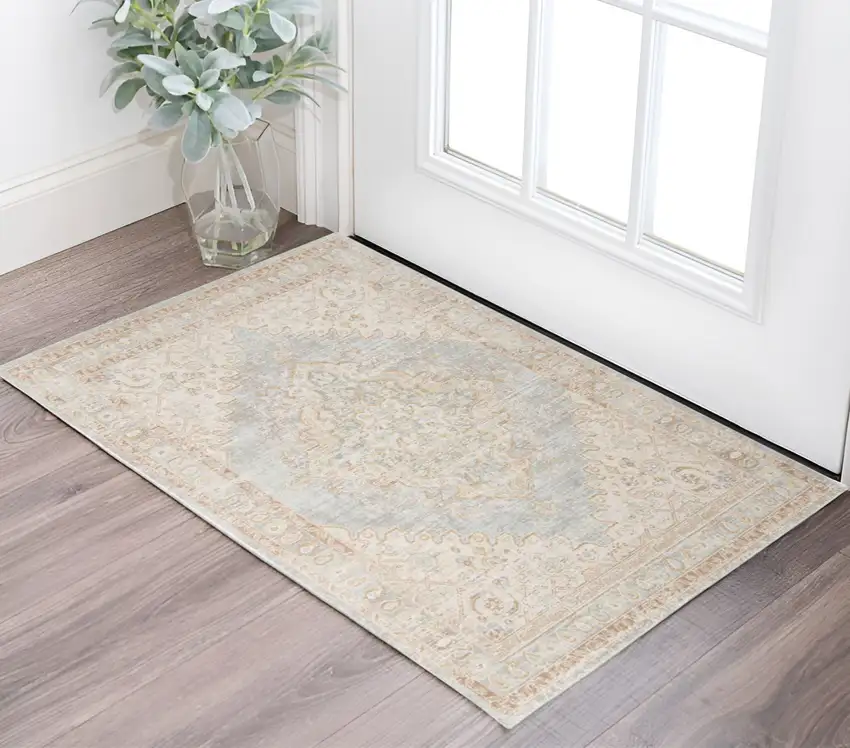 Beige and Gray Medallion Power Loom Worn Faded Area Rug Photo 1
