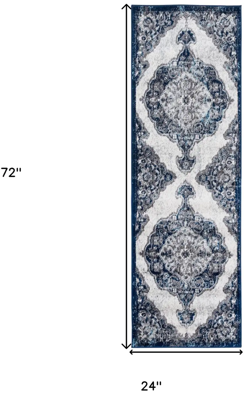 Blue and Gray Medallion Power Loom Runner Rug Photo 5