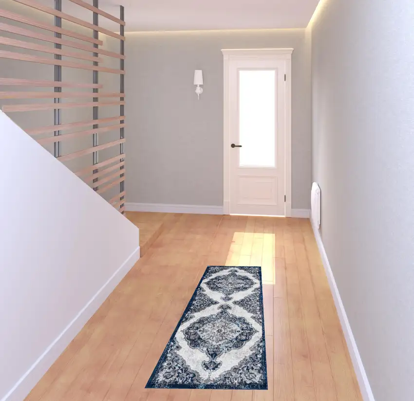Blue and Gray Medallion Power Loom Runner Rug Photo 3