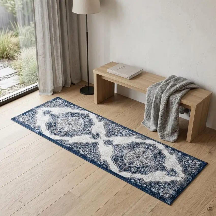 6' Ivory Gray And Blue Medallion Runner Rug Photo 1