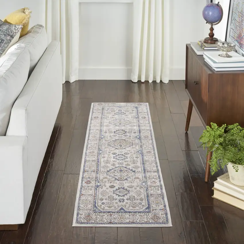 Blue and Gray Medallion Power Loom Runner Rug Photo 7