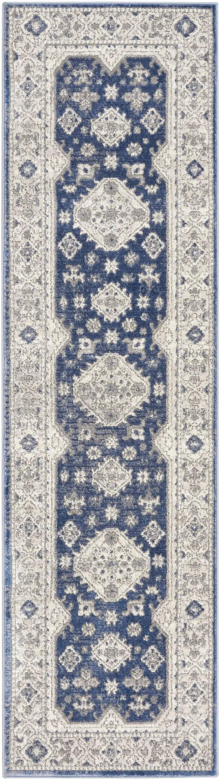 Blue and Gray Medallion Power Loom Runner Rug Photo 2