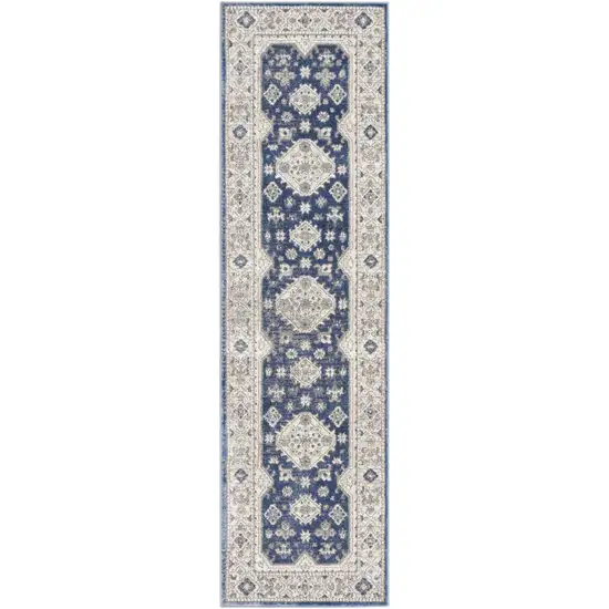 8' Blue And Gray Medallion Runner Rug Photo 8
