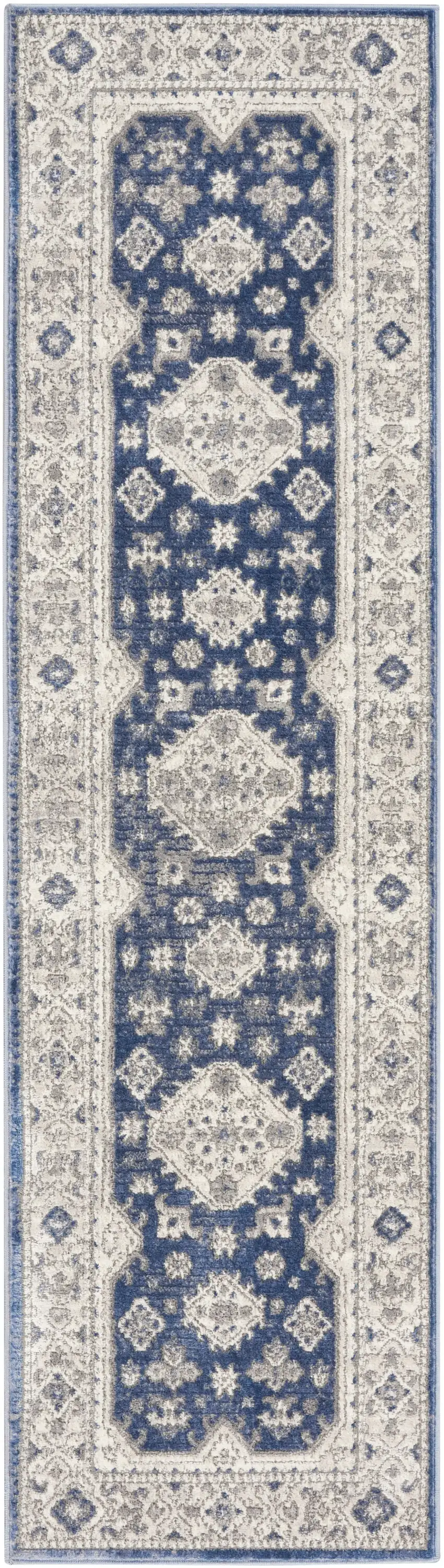 8' Blue And Gray Medallion Runner Rug Photo 8