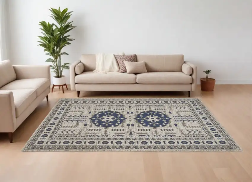 Blue and Gray Oriental Power Loom Area Rug Photo 1