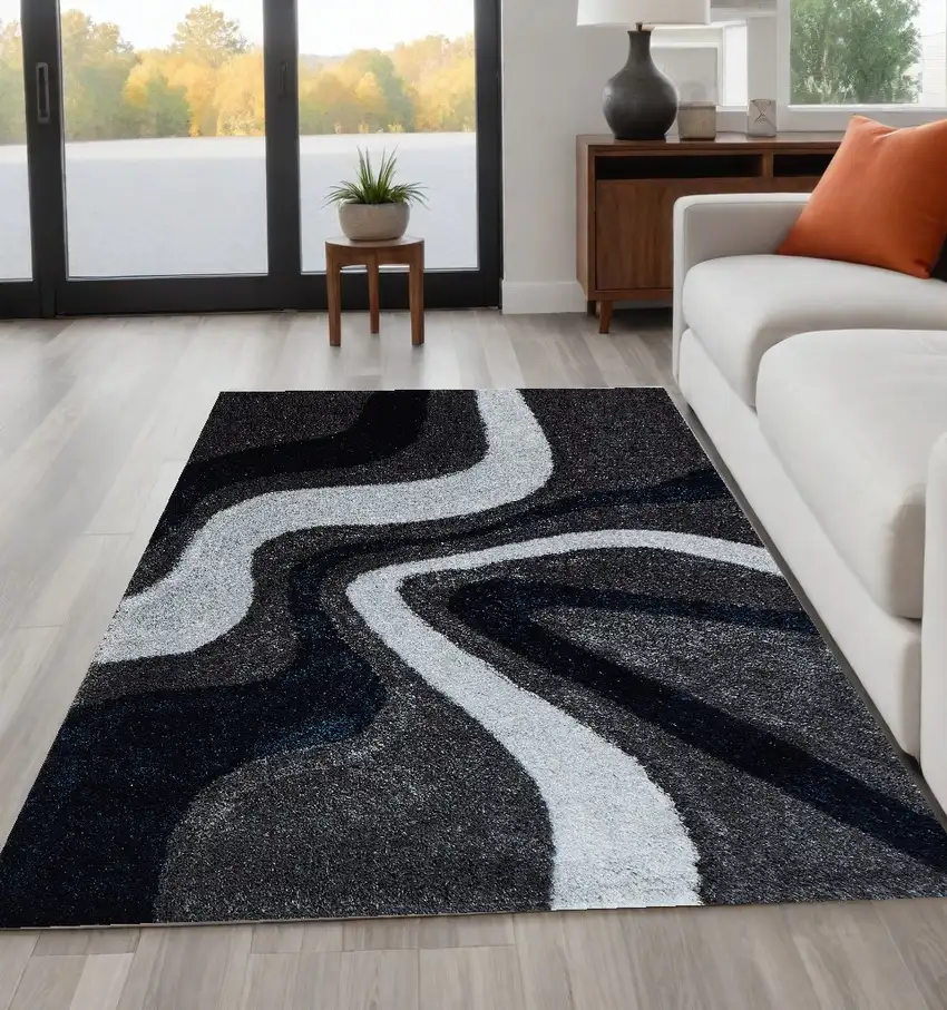 Blue and Gray Shag Hand Tufted Area Rug Photo 2