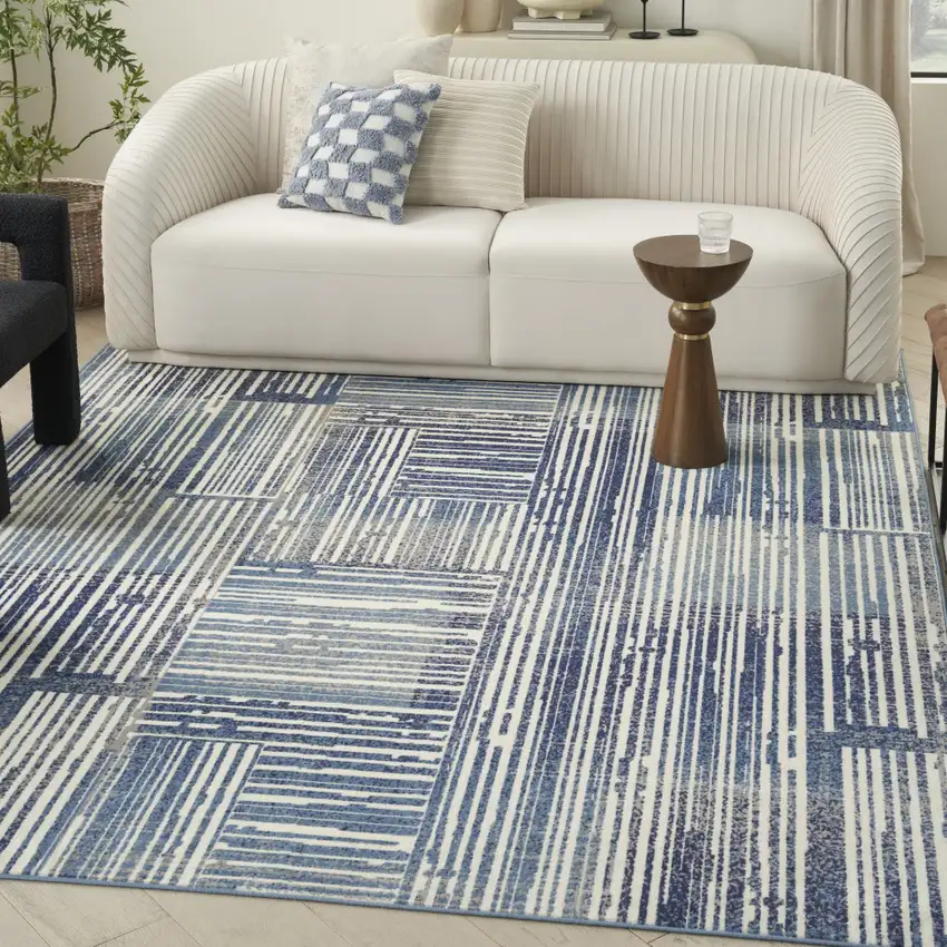 Blue and Gray Striped Power Loom Area Rug Photo 5