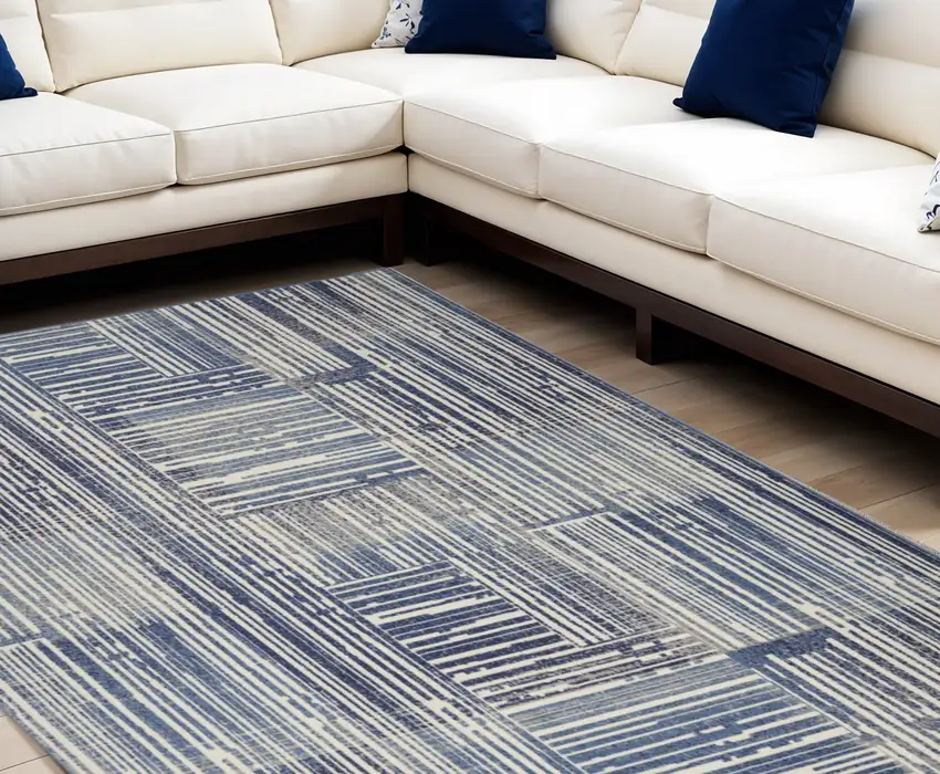 Blue and Gray Striped Power Loom Area Rug Photo 1