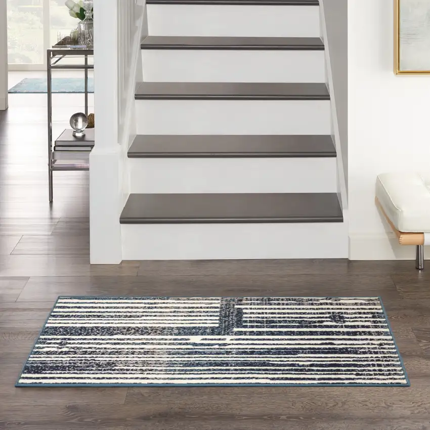Blue and Gray Striped Power Loom Area Rug Photo 9
