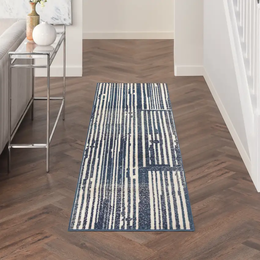 8' Blue And Gray Striped Runner Rug Photo 4