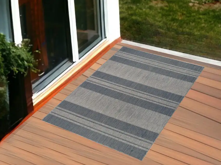 Blue and Gray Striped Stain Resistant Indoor Outdoor Area Rug Photo 1
