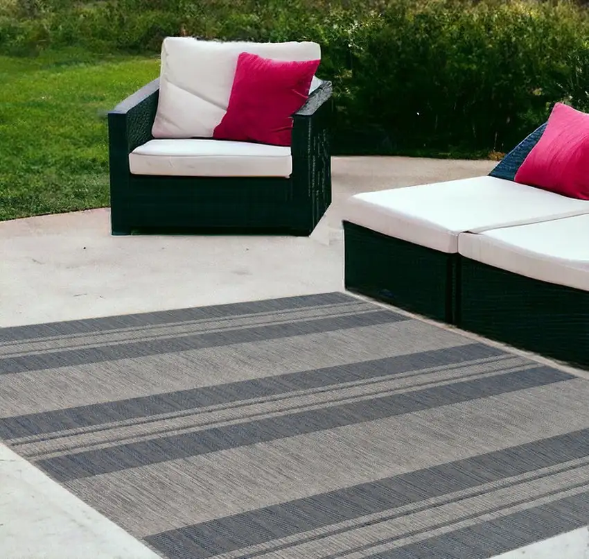 Blue and Gray Striped Stain Resistant Indoor Outdoor Area Rug Photo 1