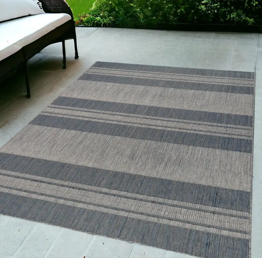 Blue and Gray Striped Stain Resistant Indoor Outdoor Area Rug Photo 1