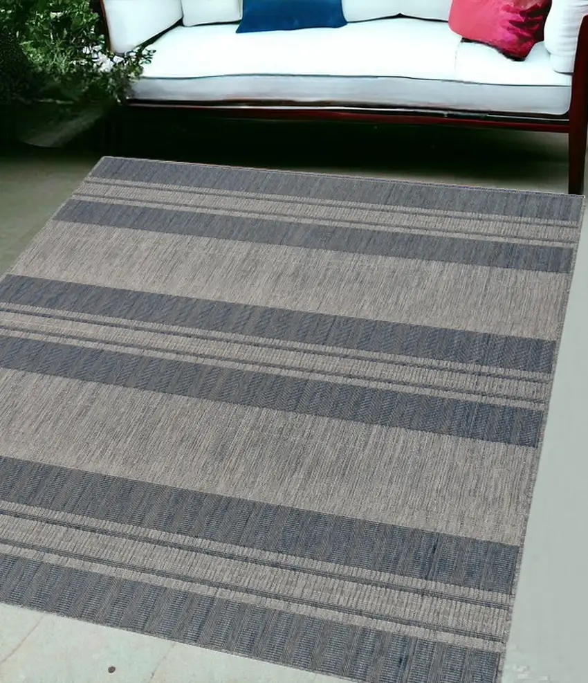 Blue and Gray Striped Stain Resistant Indoor Outdoor Area Rug Photo 1