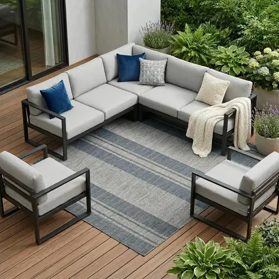Blue and Gray Striped Stain Resistant Indoor Outdoor Area Rug Photo 1