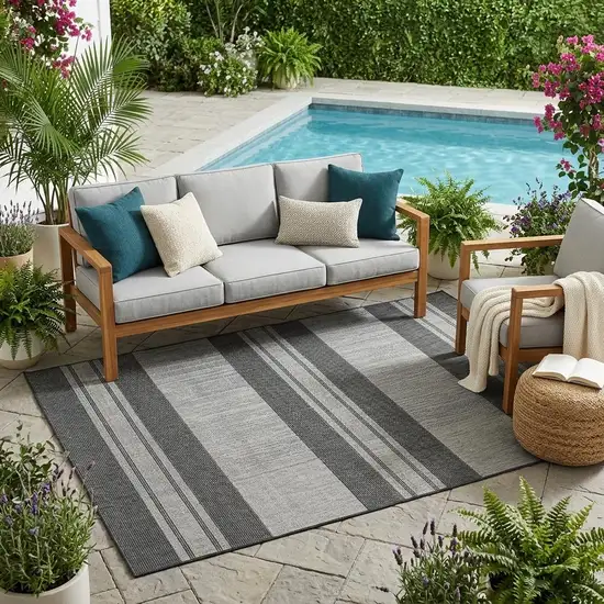 Blue and Gray Striped Stain Resistant Indoor Outdoor Area Rug Photo 1