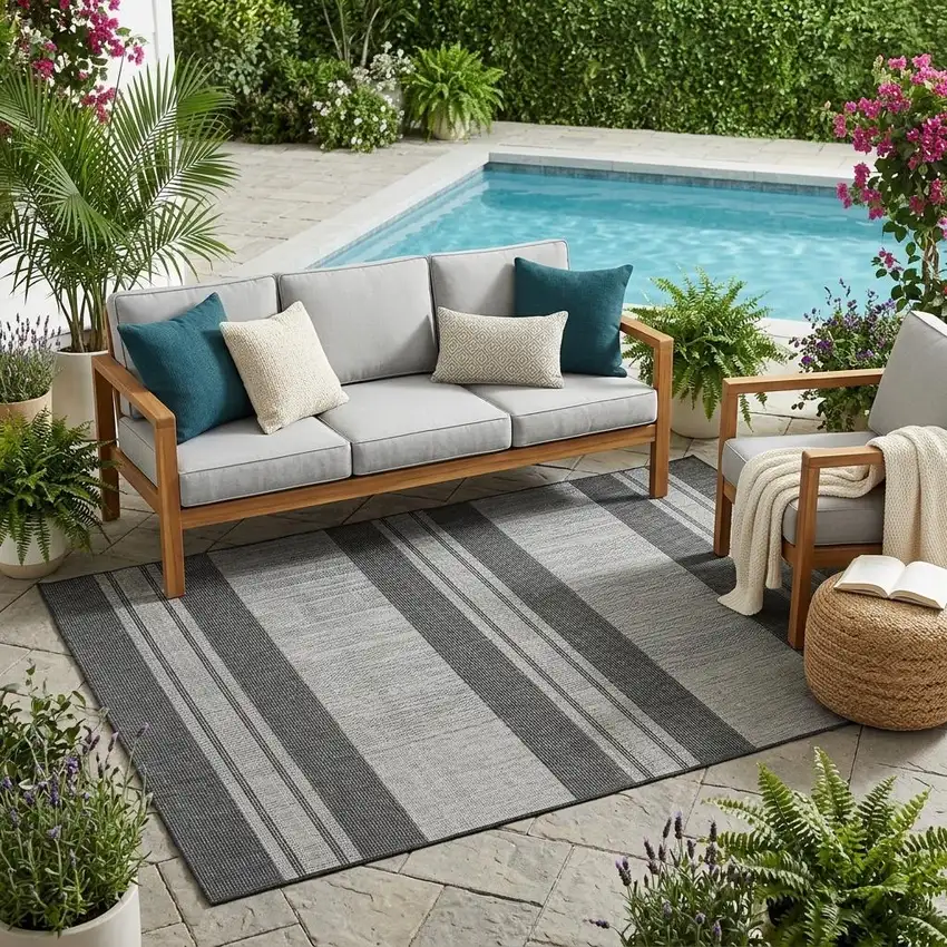 Blue and Gray Striped Stain Resistant Indoor Outdoor Area Rug Photo 1
