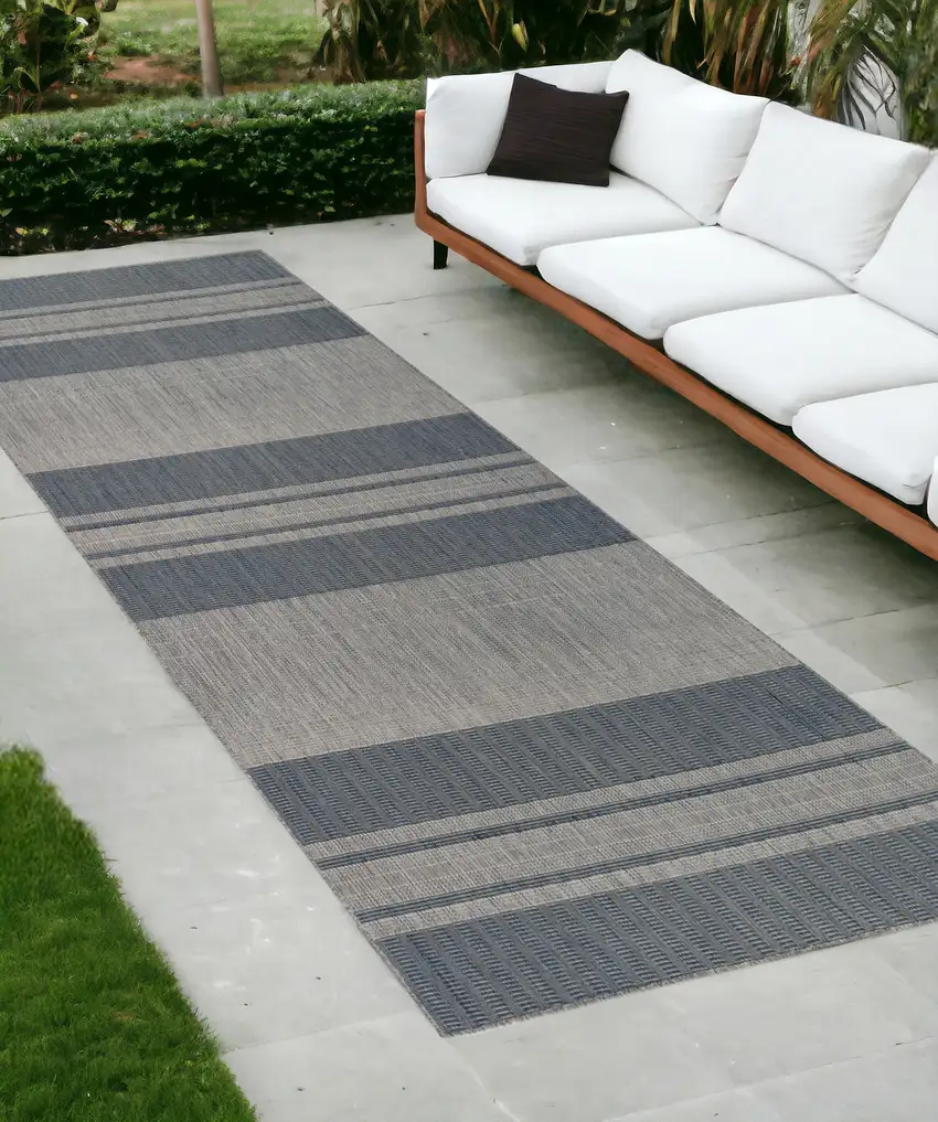 Blue and Gray Striped Stain Resistant Indoor Outdoor Runner Rug Photo 1