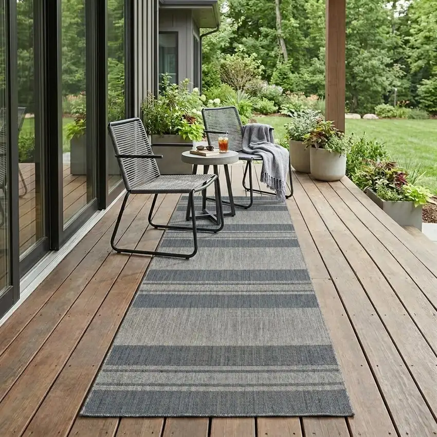 Blue and Gray Striped Stain Resistant Indoor Outdoor Runner Rug Photo 1