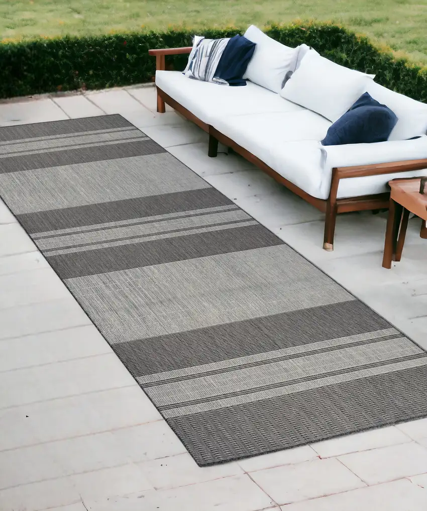 Blue and Gray Striped Stain Resistant Indoor Outdoor Runner Rug Photo 1