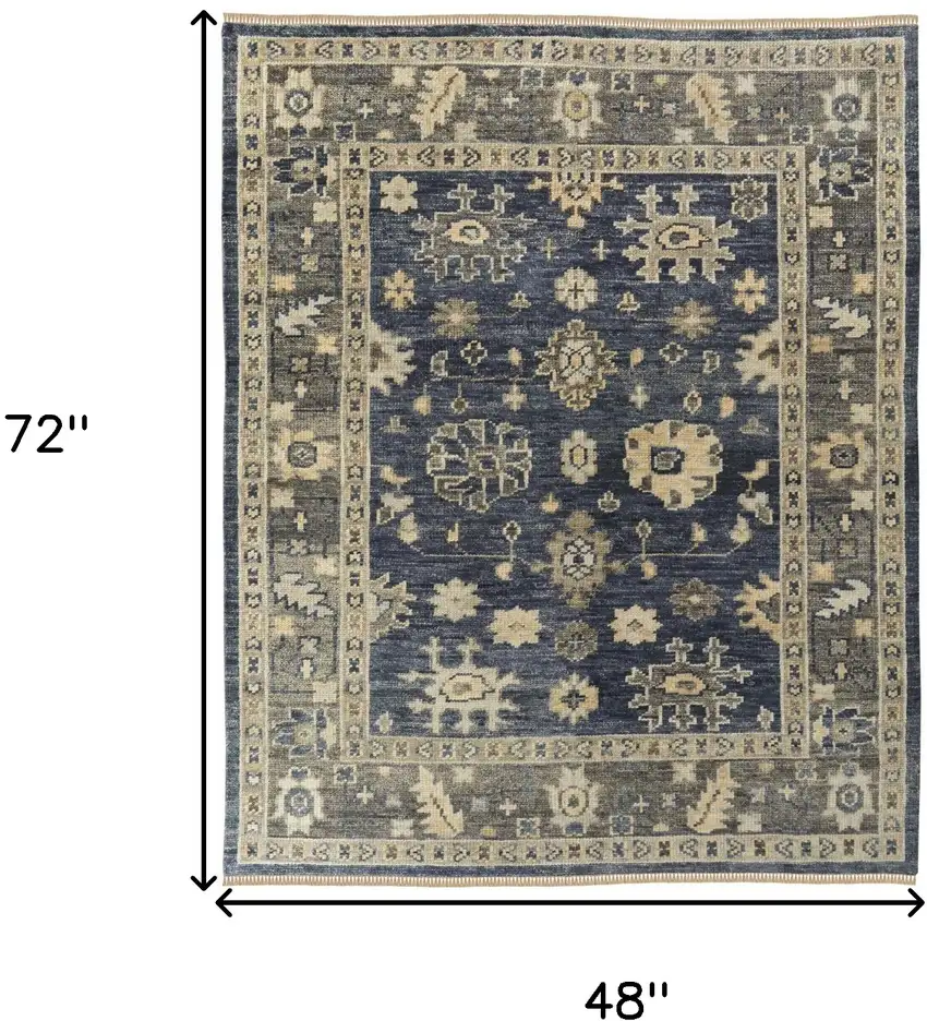 Blue and Gray Wool Floral Hand Knotted Area Rug With Fringe Photo 3