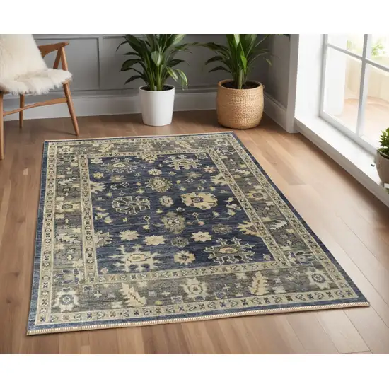 Blue and Gray Wool Floral Hand Knotted Area Rug With Fringe Photo 1
