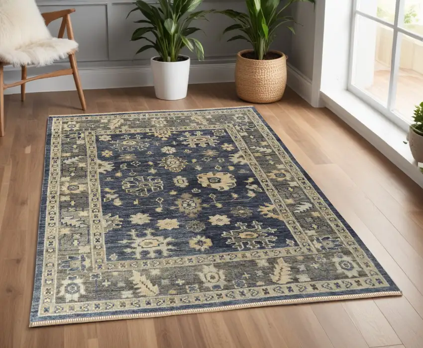 Blue and Gray Wool Floral Hand Knotted Area Rug With Fringe Photo 1