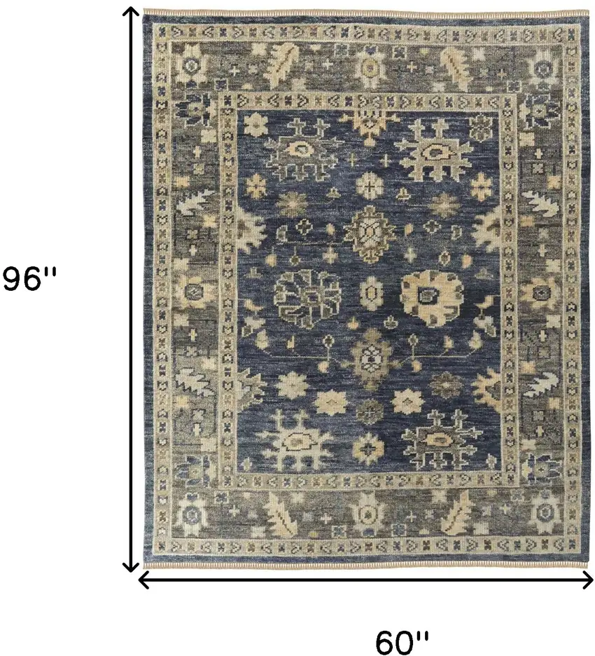 Blue and Gray Wool Floral Hand Knotted Area Rug With Fringe Photo 3