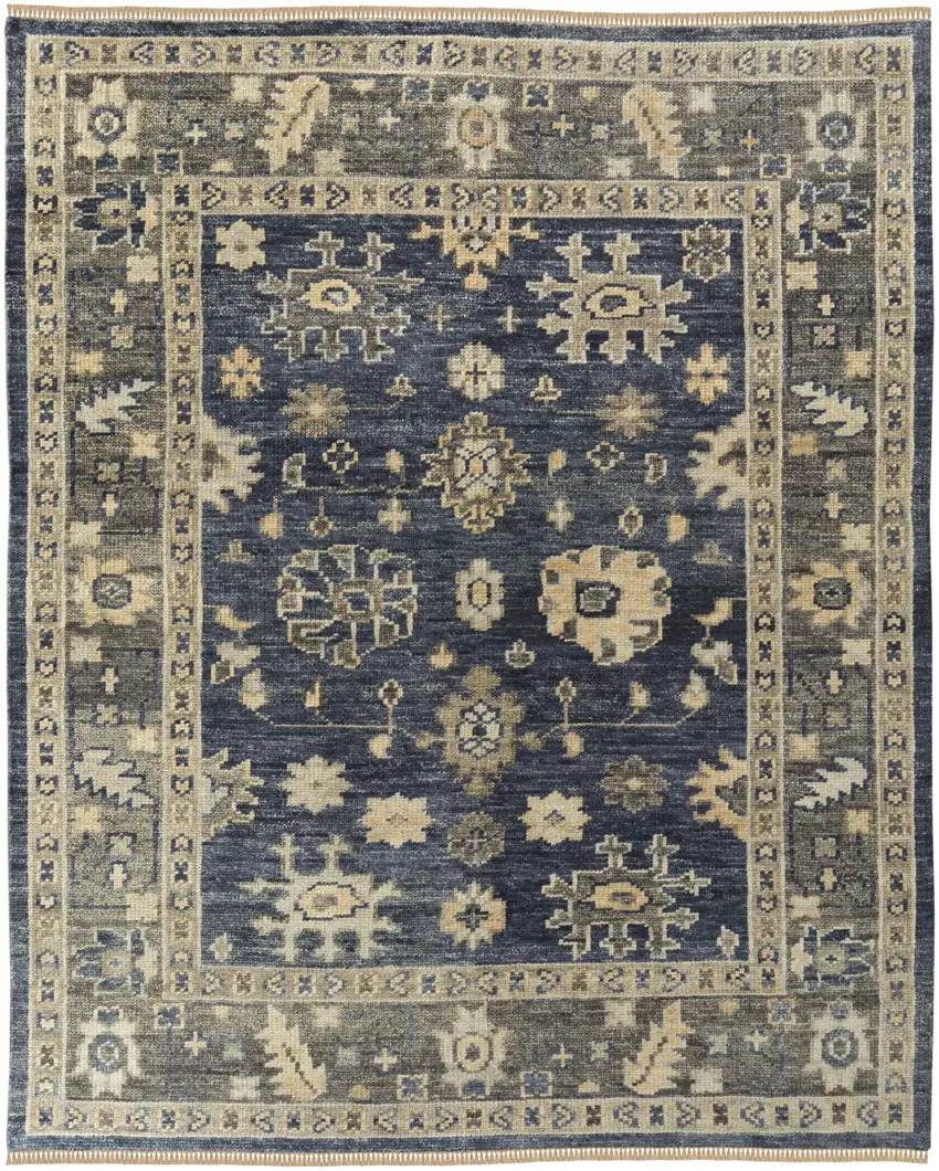 Blue and Gray Wool Floral Hand Knotted Area Rug With Fringe Photo 4