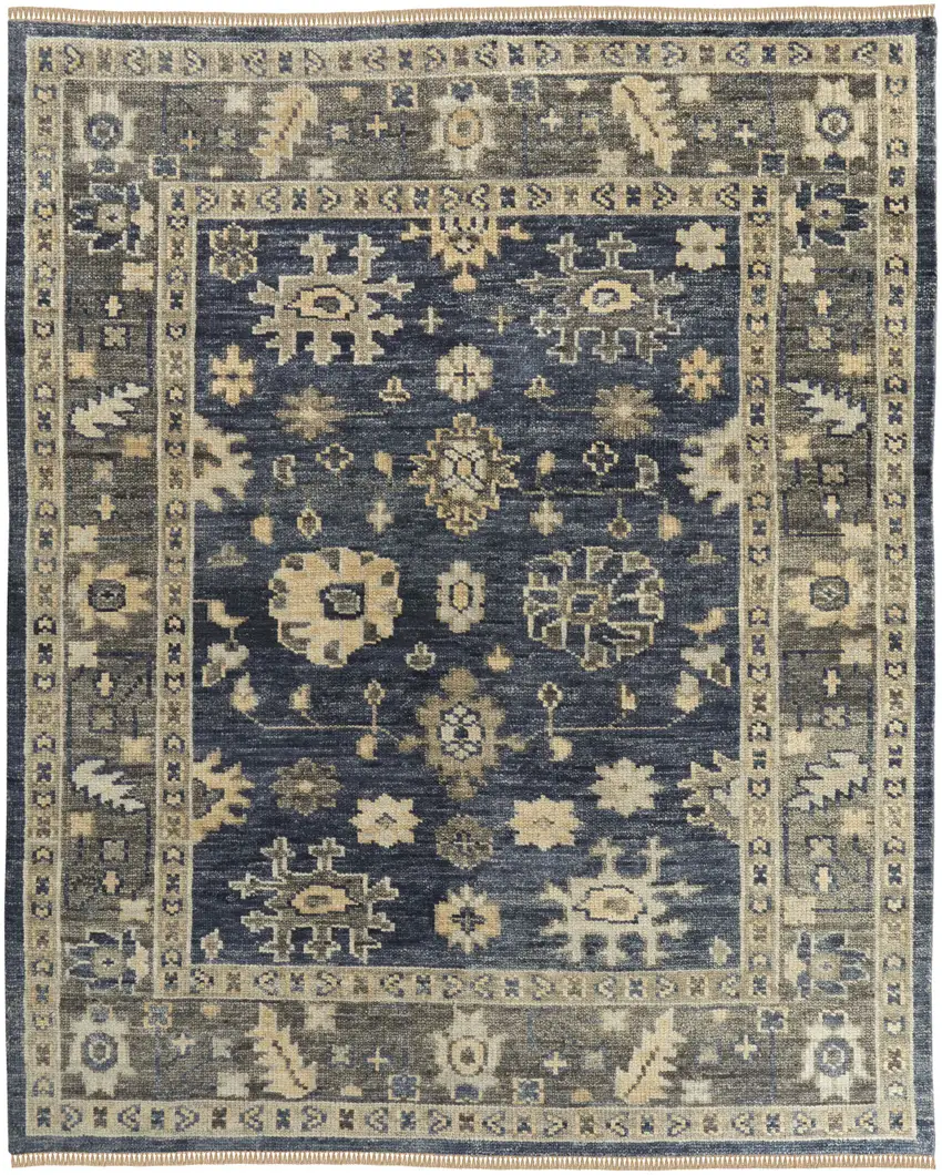 Blue and Gray Wool Floral Hand Knotted Area Rug With Fringe Photo 5