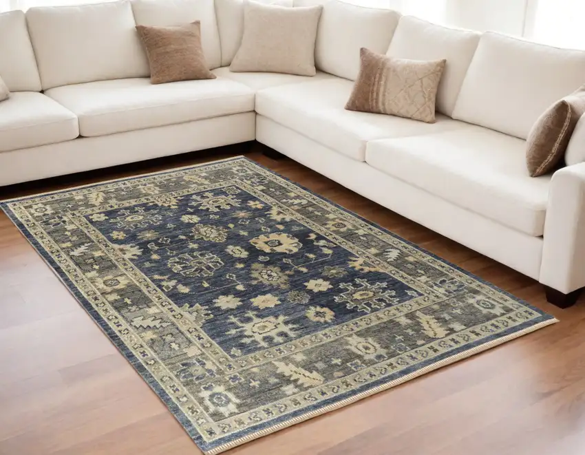 Blue and Gray Wool Floral Hand Knotted Area Rug With Fringe Photo 1