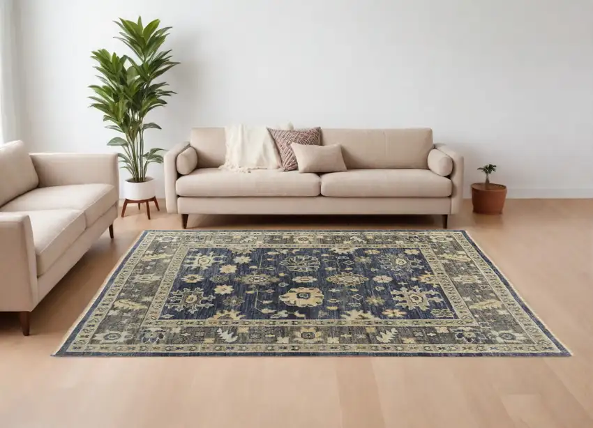 Blue and Gray Wool Floral Hand Knotted Area Rug With Fringe Photo 1