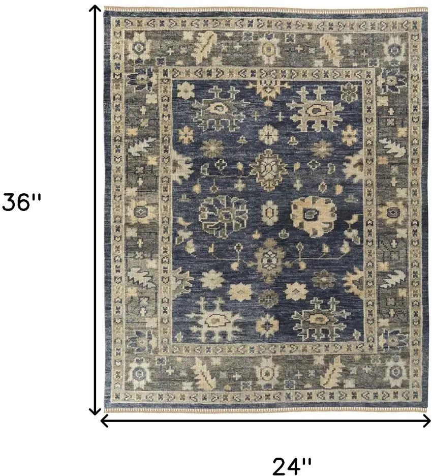 Blue and Gray Wool Floral Hand Knotted Area Rug With Fringe Photo 3