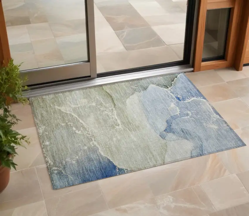 Blue and Green Abstract Washable Indoor Outdoor Area Rug Photo 1