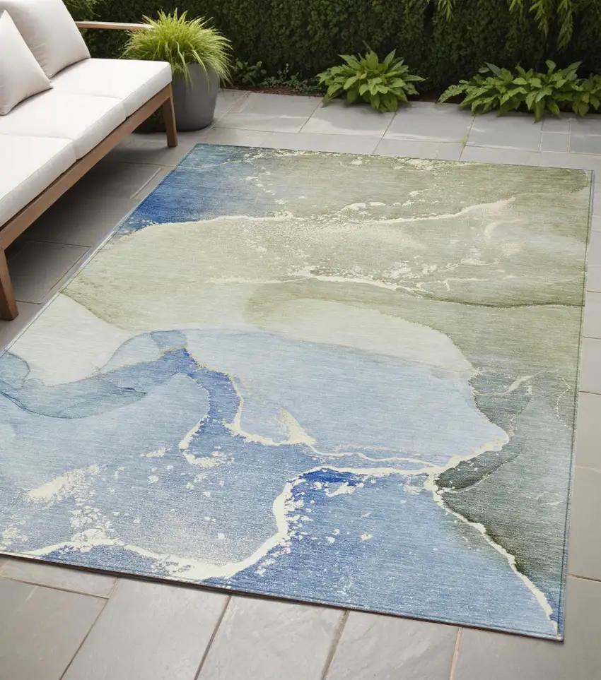Blue and Green Abstract Washable Indoor Outdoor Area Rug Photo 1