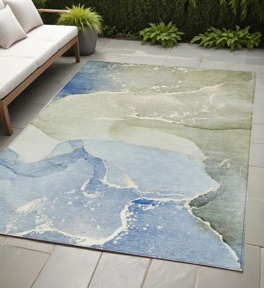 Blue and Green Abstract Washable Indoor Outdoor Area Rug Photo 1