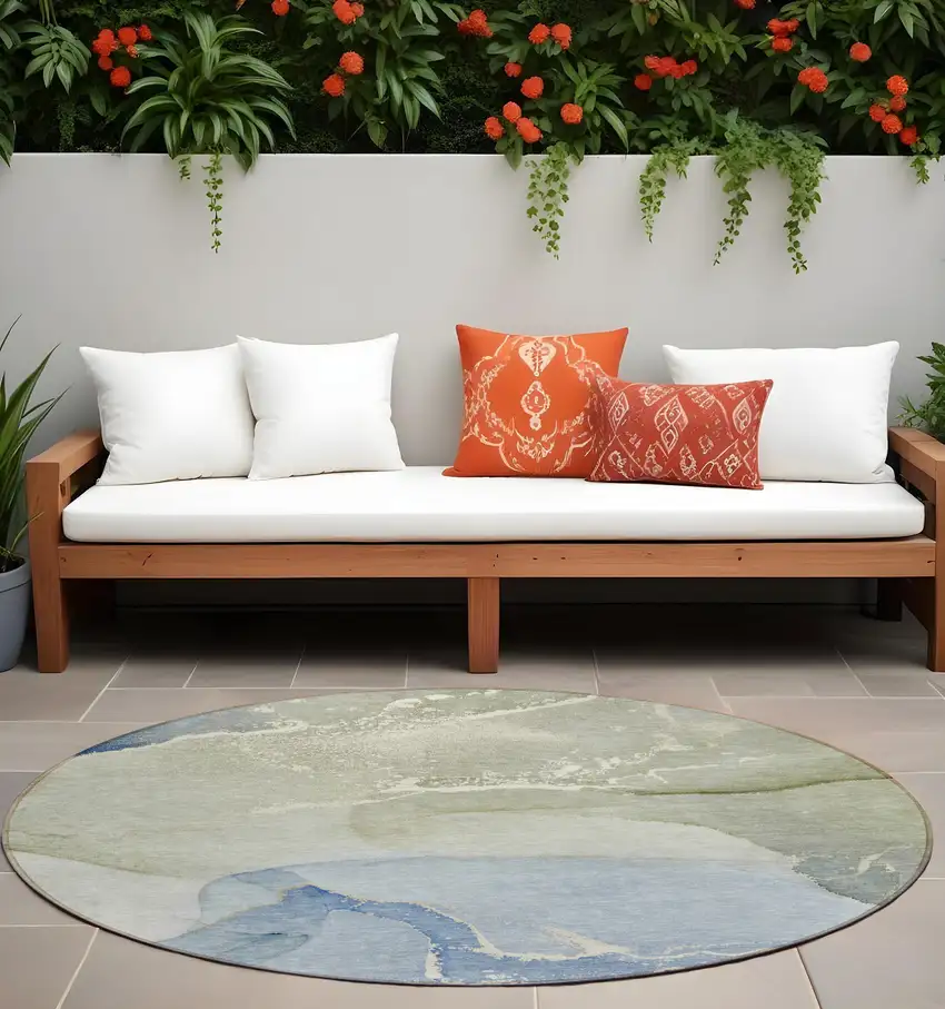 Blue and Green Abstract Washable Indoor Outdoor Area Rug Photo 1
