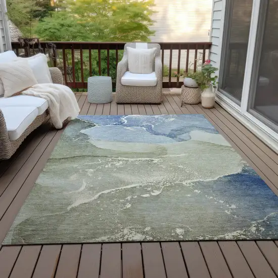 Blue and Green Abstract Washable Indoor Outdoor Area Rug Photo 8