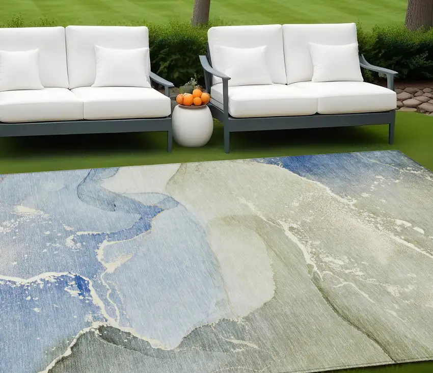 Blue and Green Abstract Washable Indoor Outdoor Area Rug Photo 1
