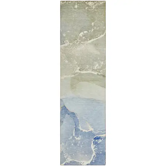 Blue and Green Abstract Washable Indoor Outdoor Runner Rug Photo 2