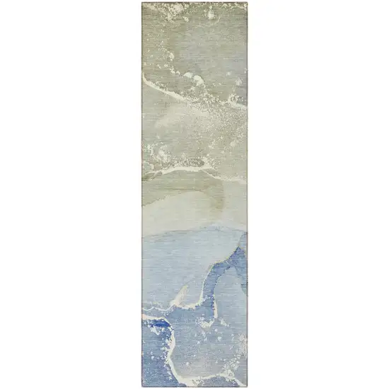 Blue and Green Abstract Washable Indoor Outdoor Runner Rug Photo 2