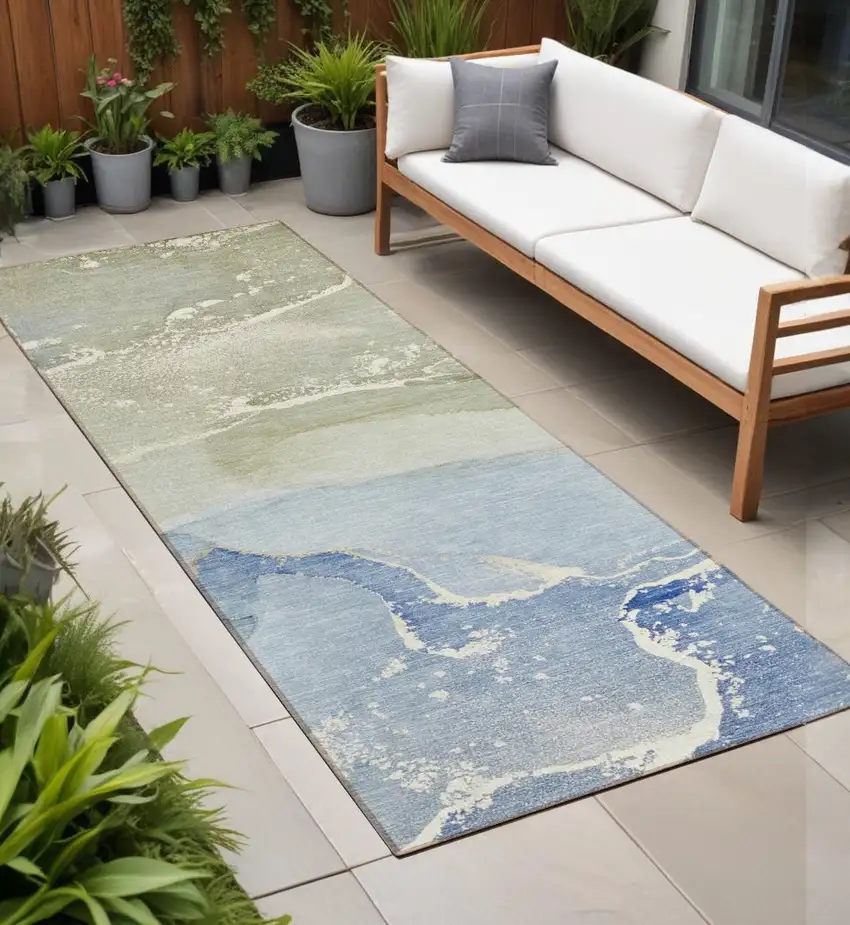 Blue and Green Abstract Washable Indoor Outdoor Runner Rug Photo 1