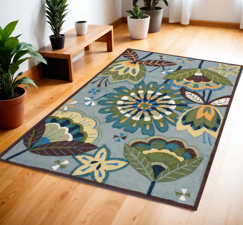Blue and Green Floral Hand Carved Handmade Area Rug Photo 1