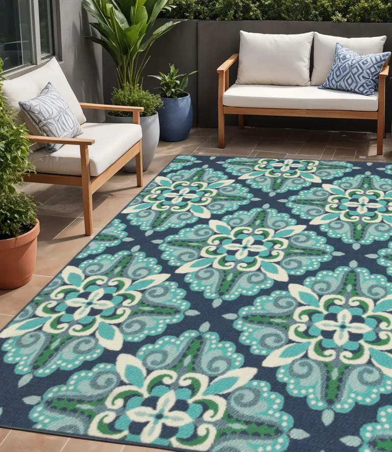 Blue and Green Floral Indoor Outdoor Area Rug Photo 5