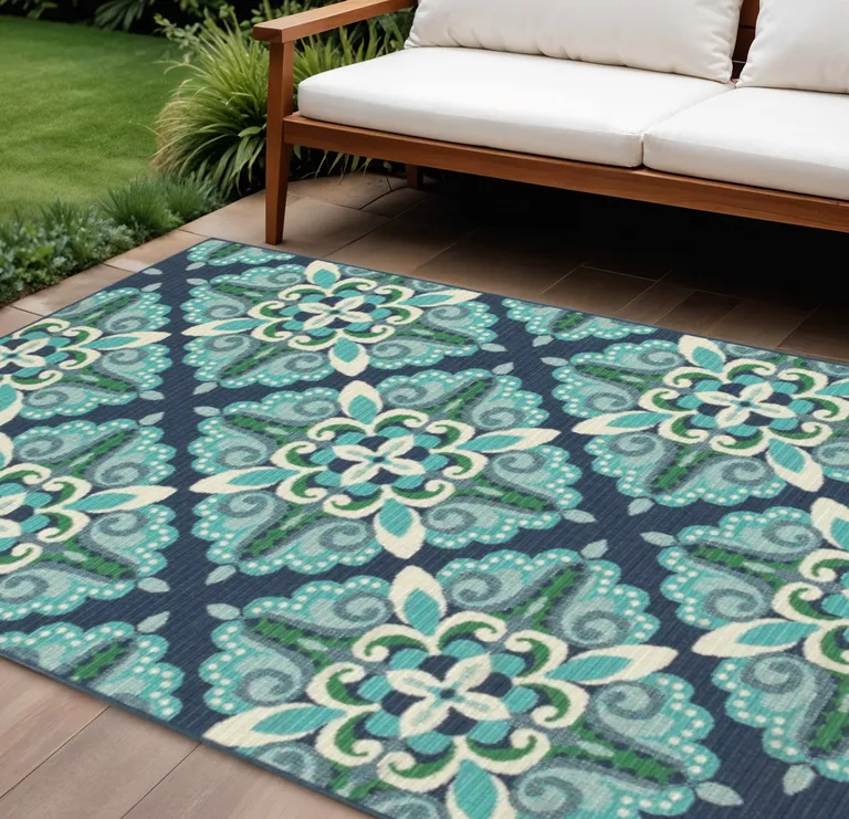 Blue and Green Floral Indoor Outdoor Area Rug Photo 4