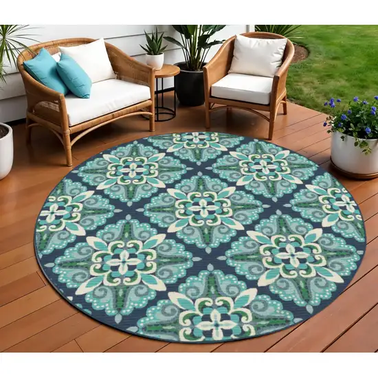 Blue And Green Round Indoor Outdoor Area Rug Photo 2