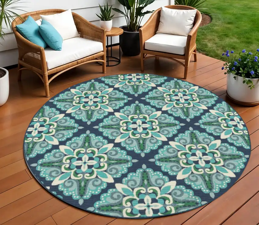 Blue And Green Round Indoor Outdoor Area Rug Photo 2