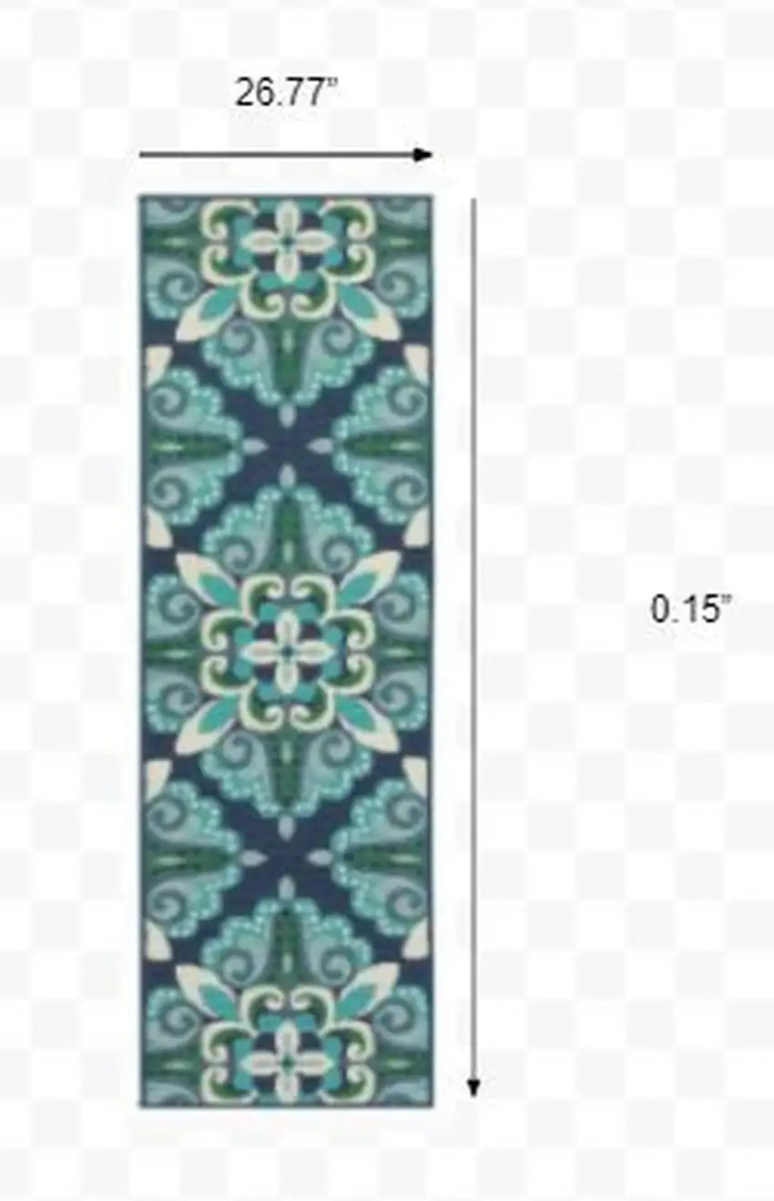 Blue and Green Floral Indoor Outdoor Runner Rug Photo 2