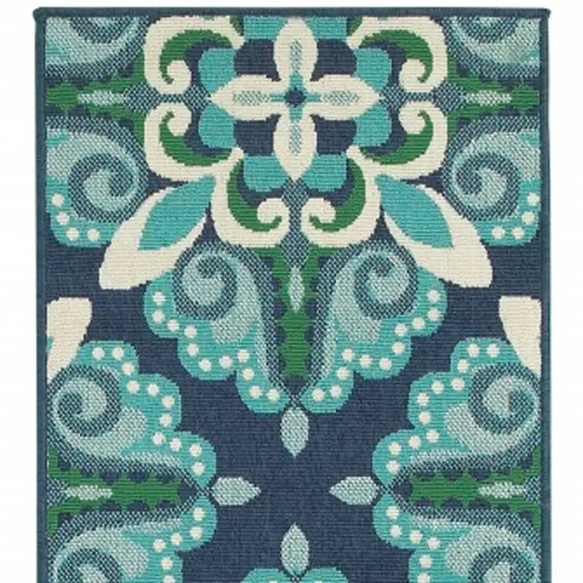 Blue and Green Floral Indoor Outdoor Runner Rug Photo 7