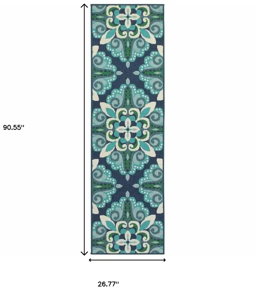 Blue and Green Floral Indoor Outdoor Runner Rug Photo 5